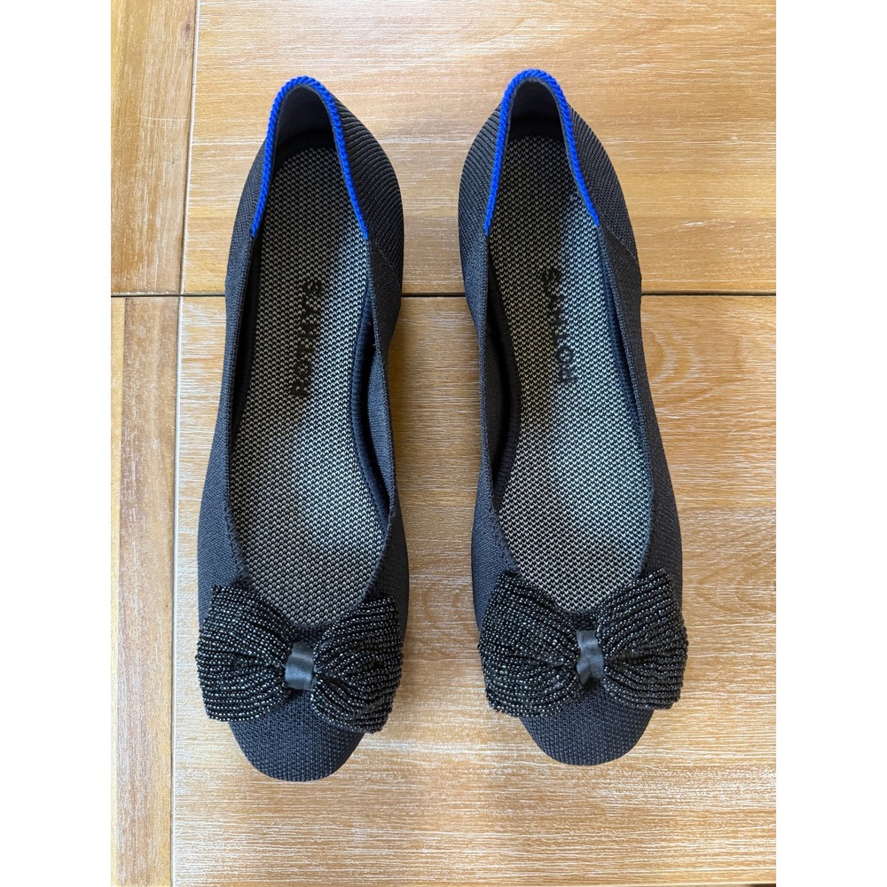 Rothy's Ballet Flate Women 8 Black Beaded Bow Knit Flats 139-001
